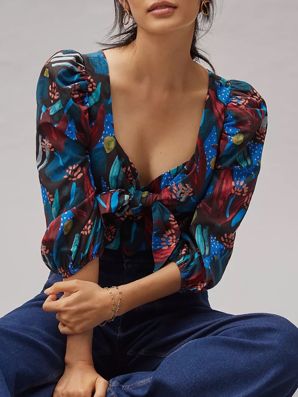 Anthropologie Eva Franco Tropical Sweetheart Blouse Tie-Front Puff Sleeve Size 8